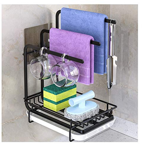Estante organizador Cocina de almacenamiento en rack, ahorro de espacio, montado en la pared de drenaje rack, Toalla limpia la disposición de cremallera encima del fregadero (negro) Organizador de est