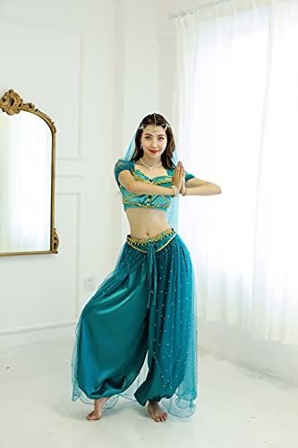 MISI CHAO Bauchtanzkostüm Jasmin, Aladdin, Halloween-Outfit, Prinzessinnenkostüme, Blaugrün für Damen/Mädchen, Größe XL, Erwachsenen-Blaugrün