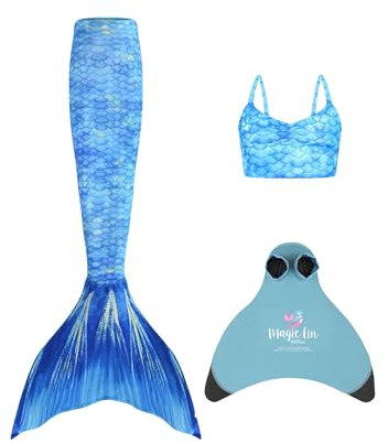 Planet Mermaid Mädchen Kinder 3 Stück lebendige Farbe Schwimmen Meerjungfrau Schwanz Tankini Top & verschleißfeste Magic Fin Monoflosse (im Lieferumfang enthalten), Frozen Aqua, 9-11 Jahre
