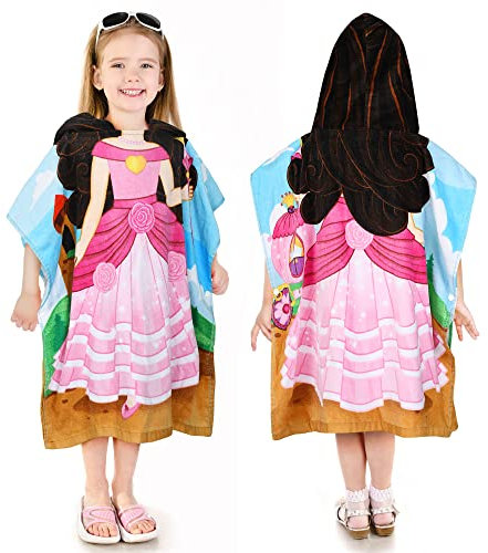 Kato Tirrinia 100% Baumwolle Badeponcho Strandtuch 90-120cm Mädchen Kinder, Absorbierender Bademantel Badehandtuch mit Kapuze, Handtuch Poncho für Strand Schwimmen Camping Baden, Prinzessin