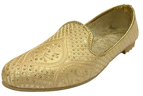Step n Style Herren Jutti für Hochzeit Traditionelle Ethno Mojari Schuhe Sherwani Loafers Handmade Gold Stickerei Juti, gold, 44 EU