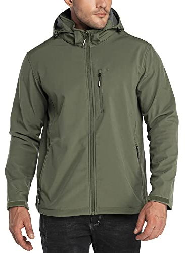 33,000ft Men's Softshell Waterproof Jackets Fleece Lining Outdoor Windproof Windbreaker Coats with Multi Pockets Removeable Hood Olive Green XL