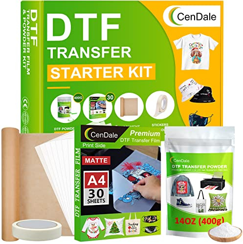 CenDale DTF Transfer Film and Powder Kit - 30 Sheets A4 PET Film and 10oz White Digital Hot Melt Adhesive for Any Fabrics and Colors, DTF Starter Kit for DTF&Sublimation Printer, DTF Sublimation Hack