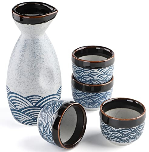 Keramik Liquor Sake Set mit Sake Becher Wein Topf Porzellon Sake Satz für Wärmeren (1 Sake-Topf 4 Sakebecher)