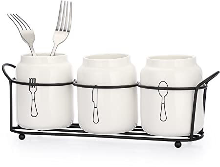 OLegei 3pcs porte-couverts en céramique pot à ustensiles de cuisine avec support en métal noir organisateur de couverts pour couteau de table, fourchettes, cuillères (blanc)