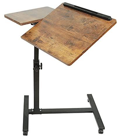 Betttisch für Laptop, höhenverstellbar, 5 feststellbare Rollen, faltbar, Holz, Schreibtisch, PC, Schwarz, Metall (60 x 34,5 x 58/90 cm – braun)