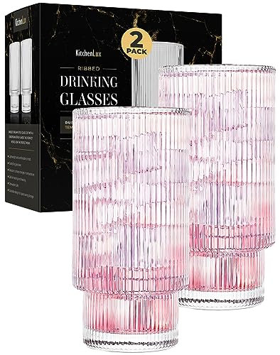 Kitchen Lux Gerippte Trinkgläser – gerippte Glasbecher 340 ml – gerippte Glaswaren Set mit 2 Stück – strukturiertes Vintage-Retro-Rillle-ästhetisches Glas für Whiskey, Cocktail, Bier, Wasser,