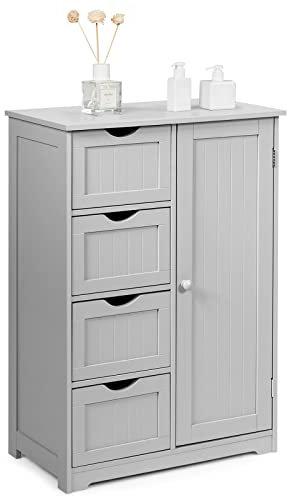 Multigot Bathroom Floor Cabinet, Freestanding Storage Organizer Unit with Adjustable Shelf, 1 Doors & 3/4 Drawers, Wooden Freestanding Cupboard for Entryway Kitchen Living Room(Grey, with 4 Drawer)