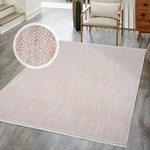 carpet city Kurzflor Teppich Wohnzimmer Rosa - 120x170 cm - Einfarbig, Meliert - Fransen-Teppiche Modern, Boho für Schlafzimmer, Esszimmer