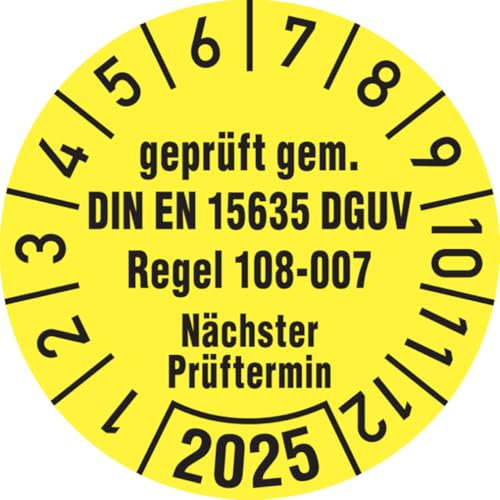 Dreifke® Aufkleber Jahresprüfplakette, geprüft gem. DIN EN 15635/DGUV Regel 108-007, Folie, Ø 30mm - Bogen = 10 Stk., Folie selbstklebend 10 Stk.