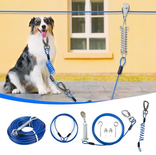 Corredor para perros para patio, sistema de carrito de doble absorción de impactos para perros grandes de hasta 250 libras, cable de amarre resistente de 200 pies con correas de 10 pies, cremallera