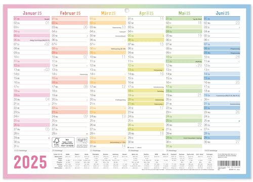 Premium Tafelkalender 2025 A4 quer Rainbow - Jahresplaner, Wandkalender, Jahreskalender inkl. kleine Übersicht Folgejahr, Feiertage & Ferienübersicht - nachhaltig & klimafreundlich