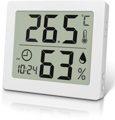 Pitasha Termometro da interno digitale termometro per ambiente Igrometro grande schermo LCD da 3,2 termometro da scrivania con indicatore di temperatura e umidità con orologio (bianco)