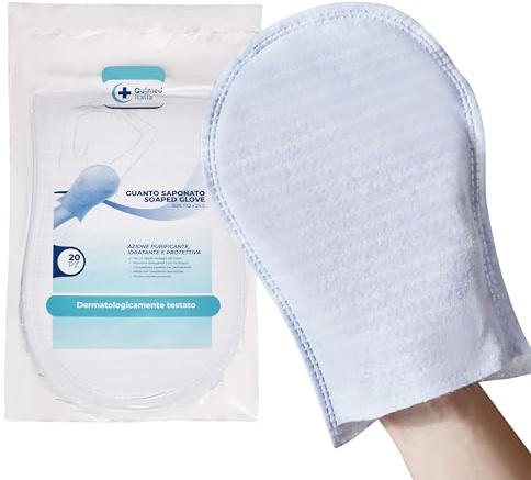 QUIMED ITALIA - lot de 60 gant de toilette jetable de haute qualité avec un savon pH physiologique doux, gants de toilette jetables à usage unique, gants nettoyage bain personne agée, enfant, bebe