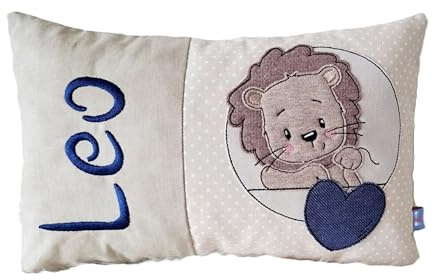 Personalisiertes Kissen zur Geburt und Taufe | Bestickt mit Namen und süßem Löwen | Baumwolle (30cm x 50cm, Löwe)