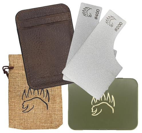 The Bear Essentials Diamant-Schleifstein mit doppelter Körnung, 2 Stück und Leder-Streichriemen | von The Bear Essentials | Taschen-Kreditkartengröße, Feldschärfer für Camping, Bushcraft, Outdoor,
