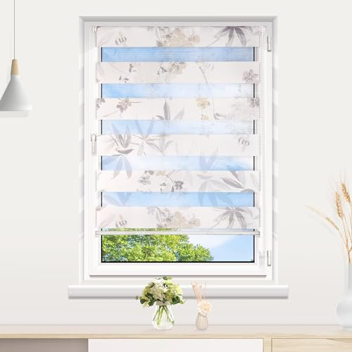 Allesin Doppelrollo ohne Bohren, Duo Rollos für Fenster lichtdurchlässig und verdunkelnd, Klemmfix Rollos Klemmrollo, Sonnenschutz und Sichtschutz, 40 x 140 cm(B x H), Pfirsichblüten-Muster