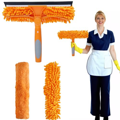SINYUM 2 in 1 Window Washing Squeegee & Duster Window Cleaning Tool with 2 Pad Compatible with Standard 3/4 Inch Threaded Poles for Home Indoor Outdoor Window Washing//Duster Head Only (Orange)
