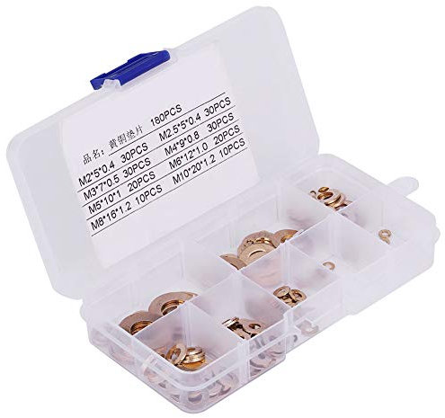 Flaches Unterlegscheiben-Set aus Messing mit Box, Hohe Härte, Langlebig, Druckbeständig, 180 Stück, M2, M10, Gelb