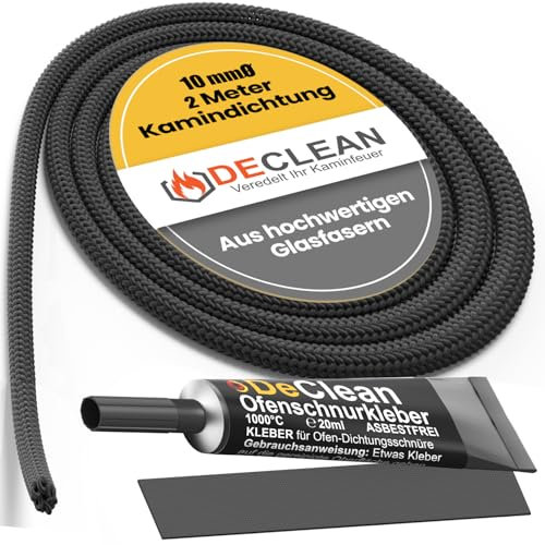 DeClean 2m Kamindichtung – Hitzebeständige Ofenschnur 10mm, Kaminabdichtung und Ofendichtung als Dichtungsset für Ofen, Pelletofen oder Kamin