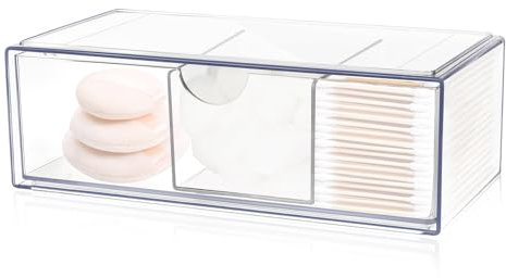 Pavlleen Boite Coton Tige, Rangement Maquillage Organisateur, Boîte Distributeur avec 3 Compartiments, Organisateur de Rangement pour Coton Tiges, Élastiques Cheveux, Boule de Coton, Dental Floss