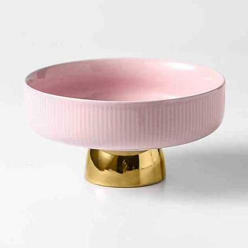 EEYZD Frutero cerámica,frutero Redondo con Pedestal Dorado,frutero Decorativo Moderno para encimera Cocina,Bandeja para exhibición de postres y ensaladas,Rosado,11in