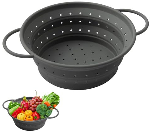 Faltbarer Seiher Sieb, 21,5 cm/8,5 in Waschschüssel für Gemüse, Abtropfsieb aus Silikon, Küchen Sieb, Faltbares Abtropfsieb, Aufbewahrung in der Küche, für Küche, Grau