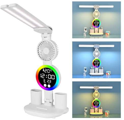 Desk Lamp LED Table Lamp Dimmable, Study Lamps Rechargeable Reading Light with Clock and Fan, Touch Control Desk Light, Foldable Wireless Table Lights for Studying Working Reading (White-2 LED)