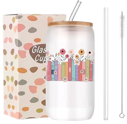 Joalpysm Book Lover Gifts, 18oz Glass Tumbler with Straw Lid and Brush, Drinking Glasses Iced Coffee Cups Gifts for Readers Bookish