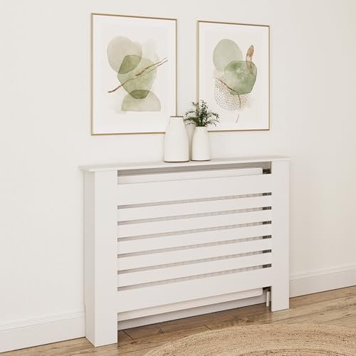 GFW Medium White Cleo Radiator Cover Horizontal Slats Top Shelf Storage Modern White Design Bedroom Hallway Living