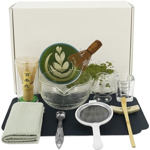 Gatphy 10Pcs Glass Matcha Kit, 500ml Japanese Tea Set Clear Matcha Making Starter Kit with Whisk Holder, Bamboo Whisk, Glass Bowl with Pouring Spout, Cup, Mat, Scoop and Strainer (10Pcs Clear1)