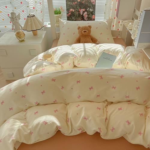 Covebett Bettwäsche 140x200 Rosa Kleinen Schleifen Herzen Muster Bettwäsche Set Gewaschene Microfaser 2teilig, Aesthetic Romantisch Mädchen Bettbezug und Kissenbezug 70x90 mit Reißverschluss