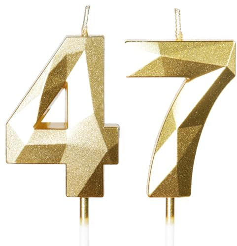 Yiran Gold 47th Birthday Candles, Gold Number 47 Happy Birthday Candles, Cake Topper Decorations for Birthday Party, Wedding Anniversary Celebration Supply