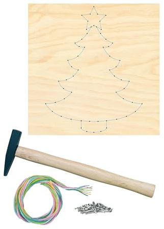 Pebaro NB13-SET Nagelbild Kreativ Set, Bastelset, Fadenbild, Fadenspannbild, String Art, mit vorgedrucktem Motiv Tannenbaum, inkl. Nägel, farbiges Garn und Hammer, Basteln mit Holz, Nagel und Fäden