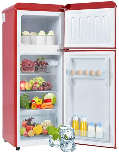 Compact Retro Fridge, 105.5 cm, Fridge-Freezer Combination 92L, 28L Freezer, Double Door Design, Energy Efficiency Class D, 116 kWh per Year, 7 Temperature Levels, LED Lighting,Red