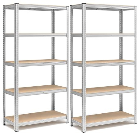 Generico Set of 2 Metal Shelving Units with 5 Adjustable Shelves Without Screws, Space-Saving Shelving for Garage, Warehouse, 875 kg Load, 40 x 90 x 180 cm, Silver
