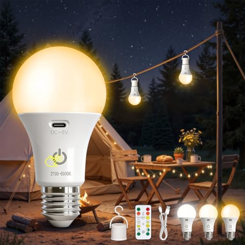 Kambo E27 LED Aufladbare Glühbirne mit batterie, Wiederaufladbarer Akku mit Fernbedienung, 7W Lampe mit Timing-Funktion, 3 Farbtemperaturen für Wildcampen, Außenspaß, Outdoor Camping, 1 Stück