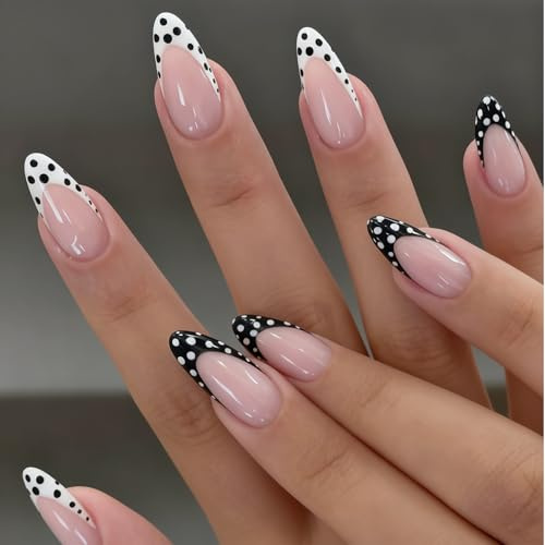 Zimocepuz Press On Nails, Mandelförmige Press On Nägel Schwarz Weiß Punkte, Mittelgroße Fake Nails für Frauen