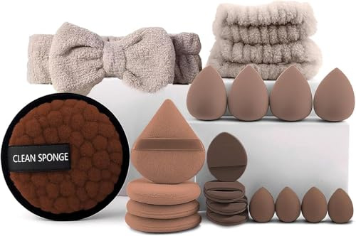 20Pcs Beauty Blenders and Powder Puff Set - Makeup Sponge Set,Foundation Sponge Powder Puff Kit,Face Makeup Puff Wet Dry Dual Use with Headband Wristbands for Liquid,Cream and Powder Brown