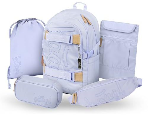 Baagl Schulrucksack Set Mädchen 5 Teilig Schultasche 25 l - Lilac | Ergonomischer Schulranzen und Skateboard Rucksack ab 3. Klasse als Grundschule Ranzen mit Brustgurt bietet Ordnung.
