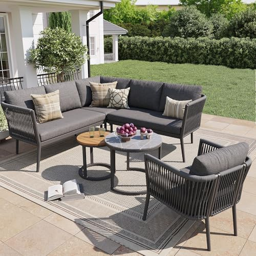 Kebnor Gartenlounge-Set für 5-6 Personen,Großes Outdoor Sofa Set, 6-teiliges PE-Rattan Sitzgruppe mit wasserfester Sitzbank und Kissenset, Modulares Ecksofa Set für Terrasse Balkon (Grau)
