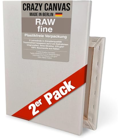 CRAZY CANVAS Leinwand zum Bemalen RAW Fine 70x100 cm, 2er Pack | Ungrundierte Leinwand auf Keilrahmen - feine Struktur, helle Optik, 270 g/m² - Premium Kunstbedarf Made in Berlin