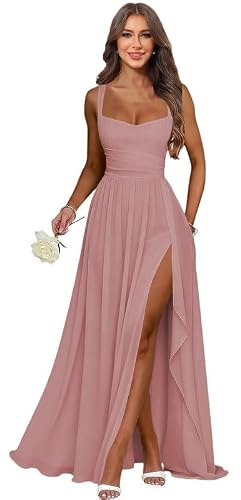 JAEDEN Spaghetti-Träger Brautjungfernkleider Damen Lang Abendkleider A-Linie Chiffon Trauzeugin Kleid