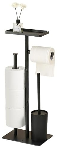 Toilet Roll Holder Free Standing,Black Toilet Roll Holder with Brush and Shelf for Wet Wipes,Bathroom Accessories Tissue Holders,Tissue Holder Bathroom Holds 4 Rolls (Black)