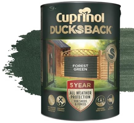 Milena 5L Ducksback Forest Green Waterproof Shed Paint, Wax Enriched Fence Paints 5 Year All Weather Protection, Non Drip, Renovate Garden Furniture Quick Drying (Forest Green, 5 Liters)