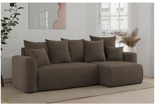 MEBLINI Schlafcouch mit Bettkasten - 238x142x73cm - Braun Cordstoff - Dave - Kleines Ecksofa mit Schlaffunktion - Sofa mit Relaxfunktion und Kissen - Kleine Couch L-Form - Eckcouch