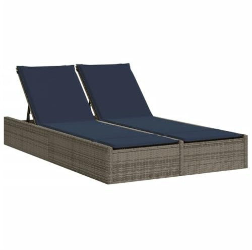 QJBSAVVA Doppel-Sonnenliege mit Kissen Grau Polyrattan Gartenliege 2-Personen Sonneninsel für Garten Terrasse und Balkon Verstellbare Rückenlehne Liegeinsel 123 x 200 cm Marineblau