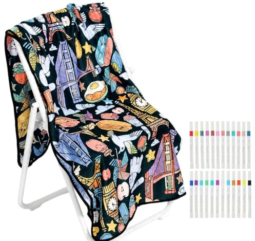 YUNYOUC DIY Colouring Blanket with 24 Markers Washable Colour Your Own Velvet Throw Creative Arts Crafts Activity Set for Children Teens Adults Home Bedroom Party 156 x 125cm(Iron Tower)