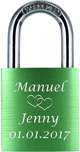 ♥ LoveGoals Liebesschloss mit Gravur | individuell graviert | Geschenk für Paare & Verliebte | hochwertige Geschenkbox | Schloss mit 2 Schlüsseln | Oberfläche eloxiert | Motiv M005 | (Grün)
