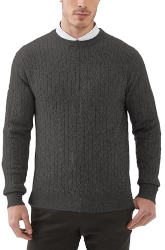 Kallspin Men’s Wool Blend Jumper Sweater Cable-Knit Crewneck Pullover Casual Knitwear(Charcoal, 3XL)